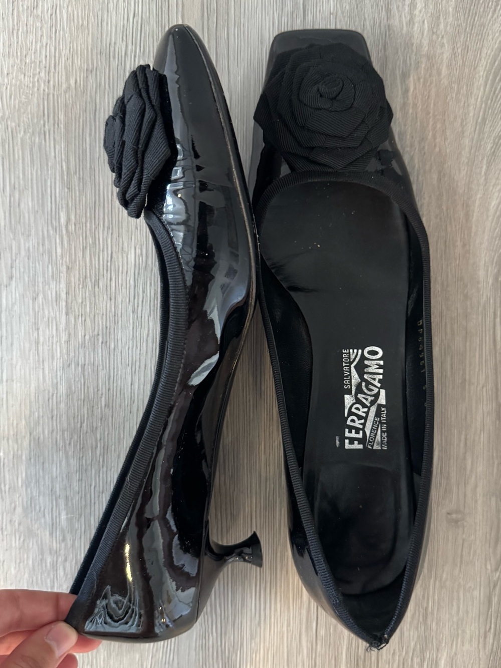 Salvatore Ferragamo Black Patent Leather Rosette Square Toe Kitten Heels 10 B
